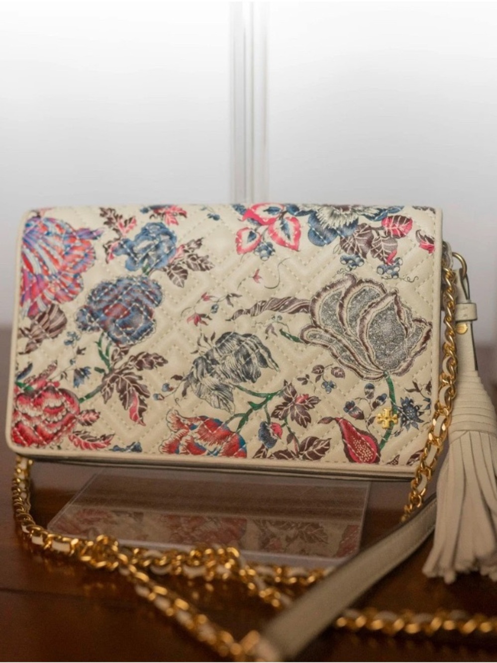Tory Burch Fleming Floral Leather Chain Wallet Crossbody
